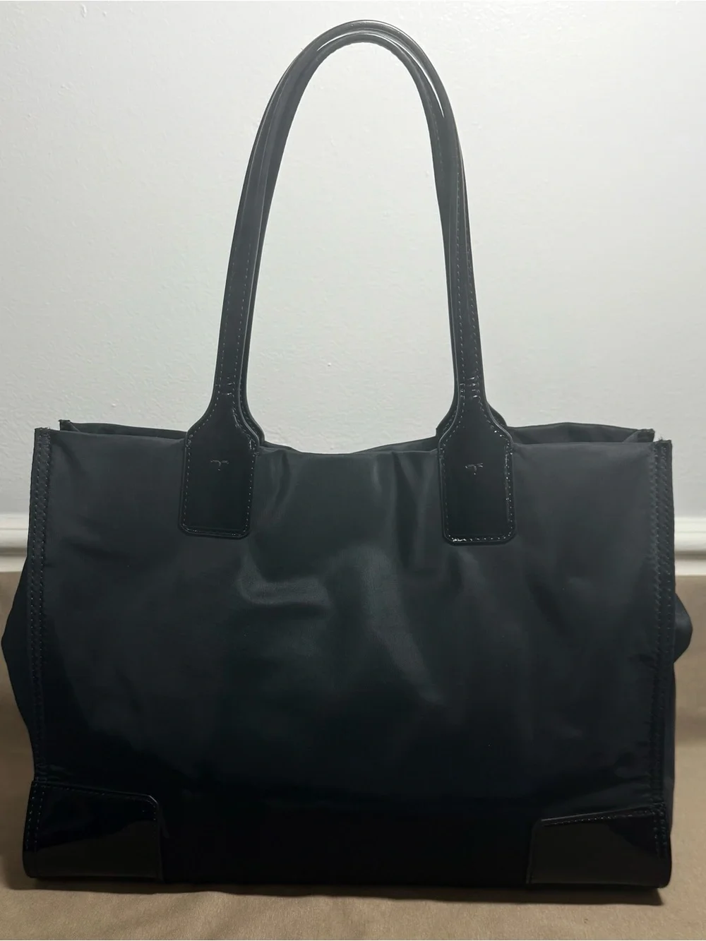 Tory Burch Ella Tote  made with Black Nylon and Patent-Trim Logo EUC - Picture 3 of 7